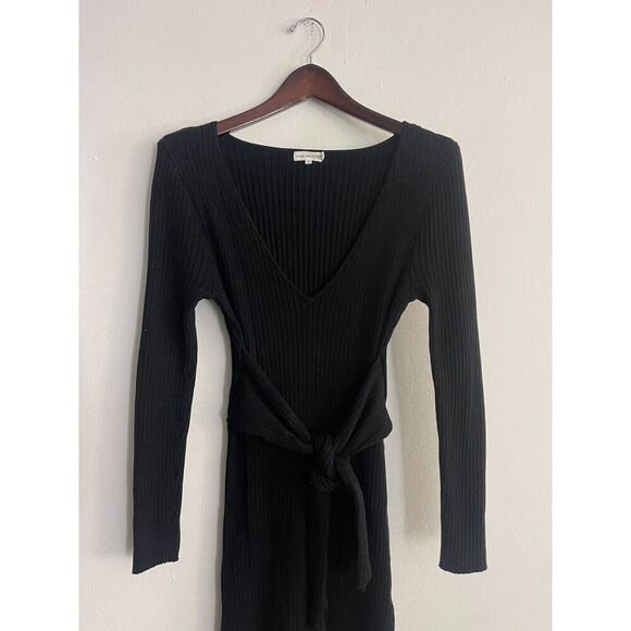 Good American 3 Large Dress Black Ribbed Sweater Midi Tie Waist V Neck Stretch - Picture 4 of 10